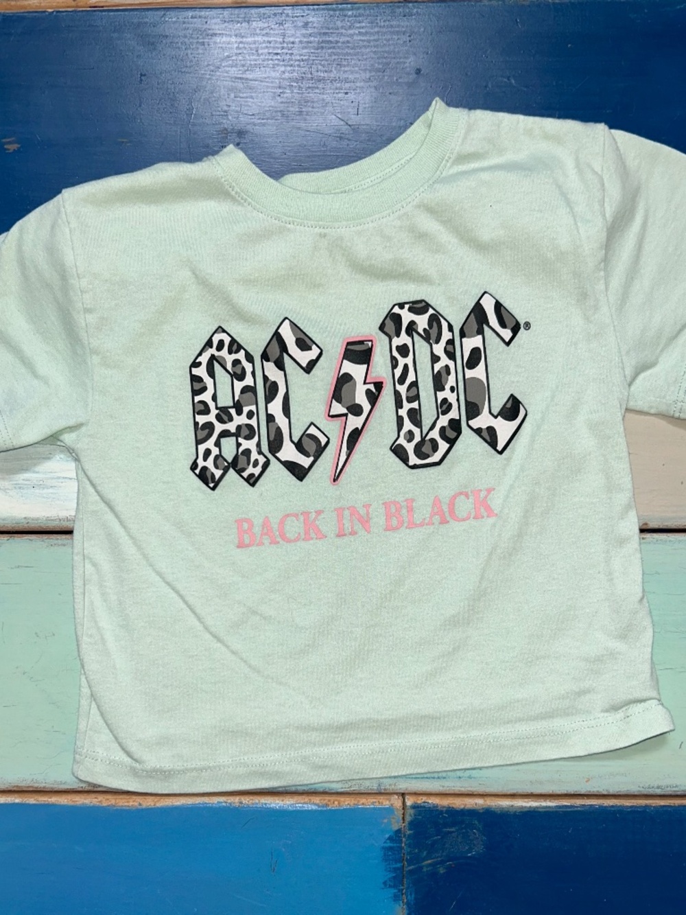 AC/DC Back In Black Graphic Tee XS Mint Green Leopard Print Band T-Shirt